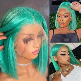Mint Green Straight Bob Human Hair Wig For Black Women 150 Density Middle Part Brazilian HD Transparent 13x4x1 Lace Front Wigs