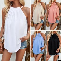 Women's Blouses 2024 Summer Fashion Hanging Neck Women Chiffon Top Simple Solid Color Female Sleeveless Shirt