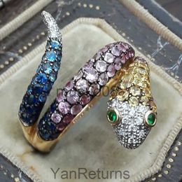 Band Rings Luxury Rainbow Crystal Green Zircon Eyes Engagement Ring Punk Exaggerated Snake Shaped Wedding Rings for Women Boho Jewelry J230817