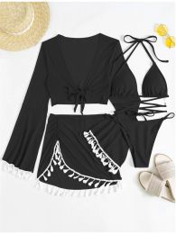 Sexy 4 Pieces Halter Bikinis Women Solid Swimwear Female Cover Up Swimsuit Long Sleeve And Skirt Bathing Suit Beachwear Summer