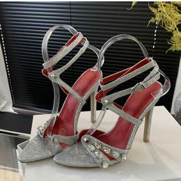 Dress Shoes Liyke 2024 New Fashion Glitter Ankle Strap Sandals Women Party Club Stripper Heels Sexy Metal Crystal Pointed Toe Wedding H240409 NWUH