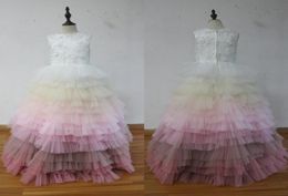 100 Real Image Colourful Tiered Bottom Girls Pageant Dresses Crew Neck Appliques Beaded Tulle Floor Length Ball Gown Children Dre7945713