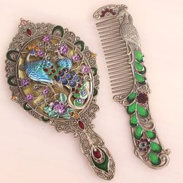 Antique Brass With Green Blue Hand Painted and Pink Rhinestones Jewelled Peacock Design Foldable Metal Mirror And Comb Set 240325