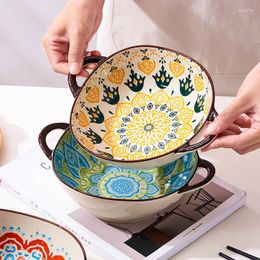 Bowls 7.5inch Retro Ceramic Salad Bowl With Handle Kitchen Soup Noodle Microwave Oven Bakware Pan Pasta Fruit Plate Tableware