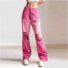 Womens Jeans Y2K Korean Reviews Many Clothes Casual Loose Gradient Ripped Button Zipper Pocket Straight Fork Leg Wide Trousers Drop De Oti6N