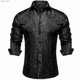 Men's Casual Shirts Mens long sleeved black Paisley silk dress casual evening social shirt luxury designer mens clothing yq240409