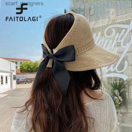 Wide Brim Hats Bucket Hats Summer Wide Brim Straw Hat Women Empty Top Ribbon Bowknot Sun Hats Female Elegant Foldable Soft Outdoor Travel Beach Tour Caps Y240409