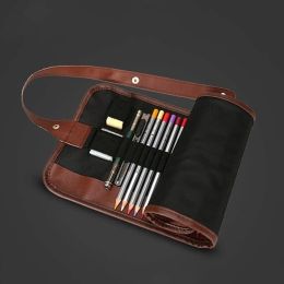 24 Slots Pencil Bag Wrap Roll Up Students Canvas Sketching Pen Case Brushes Makeup Pouch