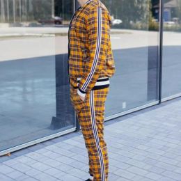 Men's sets Tracksuit Plaid 3DPrinted Stand-up collar Zipper Jacket Set Men clothing street Set Coat+Pants Casual Sportswear Men