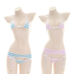 Sexy Japanese Student Cute Striped Underwear Set Lingerie Beach Bikini Three-Point Bow Bra Panty Set Erotic Cosplay Costumes