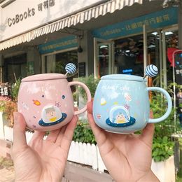 Mugs 400ml Planet Girls Ceramic Cup With Lid Spoon Coffee Mug Tea Milk Creative Trend Couple For Kids Student Gift