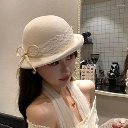 Berets French Style Sweet Girl Wool Fedoras Women's Autumn/winter Lace Bow Vintage Fashion Female Trendy Accessories