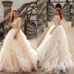 2024 Elegant Wedding Dresses Jewel Long Sleeves Lace Appliques Bridal Gowns Custom Made Button Back Sweep Train A Line Dress