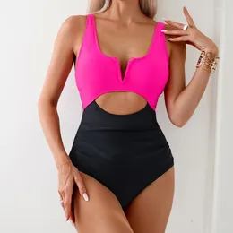 Women's Swimwear Sexy Pink Contrast One Piece Swimsuit Women V Neck Hollow Out Pleate Tummy Control 2024 Beach Bathing Suit Monokini