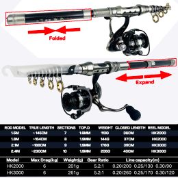 GHOTDA Professional Spinning Fishing Rod and Reel Combo 1.5m 1.8m 2.1m 2.4m Telescopic Pole Spinning Reels Kit for Beginner