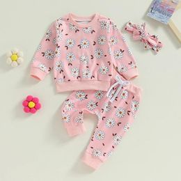 Clothing Sets Toddler Girls 3Pcs Clothes Set Long Sleeve Floral Print Tops Drawstring Pants With Headband 2024 Infant Born Outfit