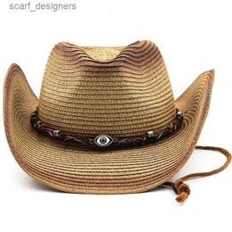 Wide Brim Hats Bucket Hats Summer Men Women Straw Hollow Western Cowboy Hat Elegant Lady Punk Brand Sombrero Hombre Cowgirl Outdoor Jazz Beach Sun hat Y240409
