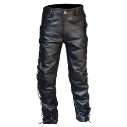 Men's Pants Vintage Pu Leather Cargo Mens Slim Fit Straight Trousers Black Punk Retro Drawstring Side Winter Streetwear Bottoms