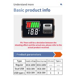 DC8-100V DC8-30V Battery Capacity Indicator USB Type-C LED Digital Car Voltmeter Lithium Lead-acid Battery Charge Level Tester