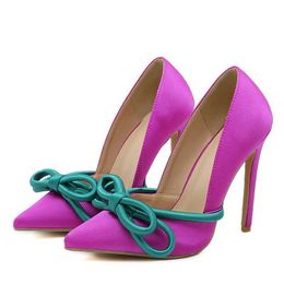 Dress Shoes Liyke Runway Style Silk Butterfly-Knot Women Pumps Sexy Pointed Toe Slip On Purple High Heels Fashion Slingback Stiletto H240409 Z0R8