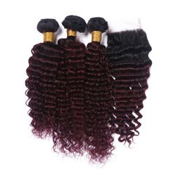 Ombre Hair With Lace Closure 1b 99j Deep Wave Curly Lace Closure With Burgundy Hair Bundles Deep Wave Human Peruvian Virgin Hair 9685108