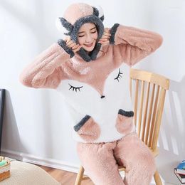 Home Clothing JINUO Winter Woman Animals Pattern Pajamas Sets Warm Polar Fleece Coral Velvet Female Pyjamas Cute Cartoon Sleepwear