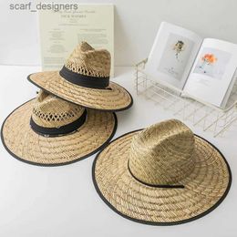 Wide Brim Hats Bucket Hats Mens new fishing hat outdoor Sun hat summer hand woven mat cool straw hat sun hat knight jazz hat Y240409