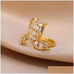 Rings Luxury Zircon Butterfly For Women Girls Open Adjustable Stainless Steel Ring Couple Aesthetic Jewelry Gift Anillos Drop Deliver Dh1Er