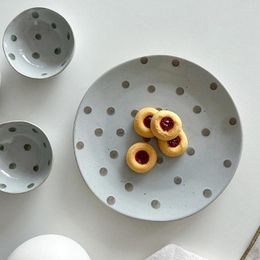 Plates Japanese Style Ceramic Plate 7.5 Inch Bolka Dots Flat Round Tableware Breakfast Bread Sausage Fried-Egg Dessert Cake