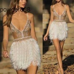 Ins Autumn and Winter New Camisole V-neck Feather Dress Sexy Womens Banquet Evening