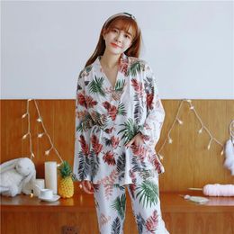 Home Clothing Autumn Winter Women Pajamas Set Long Sleeve Milk Silk Female V Neck Flower Print Pyjamas Suit Lady Pants Kimono Style