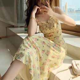 Casual Dresses Sleeveless Elegant Strap Dress Women Square Collar Vingate Floral Midi Beach One Piece Korea Office Lady 2024 Summer
