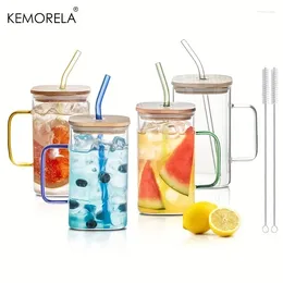 Wine Glasses 4Pcs Glass With Lids And Straws Single Colored Handle Layer Coffee Milk Juice Drinks Cup Suitable For Family Dinner Parties