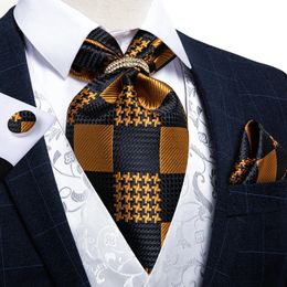 Luxury Silk Ascot Tie Set Gold Black Check Fashion Men Wedding Formal Necktie Self British Style Gentleman Cravat DiBanGu240409