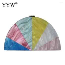 Evening Bags Lady Acrylic One Shoulder Diagonal Bag Multicoloured Stitching Contrast Colour Fashion Semicircle Wedding Dinner Clutch