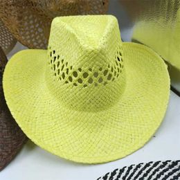 Wide Brim Hats Bucket Hats New Paper Western Cowboy Hat Mens and Womens Denim Summer Straw Hat Fashionable Woven Seaside Vacation Sunscreen Beach Hat Y240409