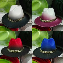 Wide Brim Hats Bucket Hats Felt Fedoras Hats for Women Patchwork Wide Brim Chain Accessory Church Panama Hat Men Artificial British Style Jazz Cap Y240409