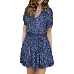 Casual Dresses Floral Mini Dress Ladies V-Neckline Short Sleeve Elastic Waisted Slim Summer Beach For Fine Women