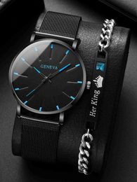 Wristwatches 2PCS Set 2023 Minimalist Mens Fashion Ultra Thin ES Simple Mens Business Stainless Steel Mesh with Quartz240409