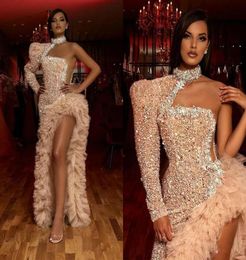 High Split Sequined Mermaid Prom Dresses One Shoulder Long Sleeve Ruffles Tier Asymmetrical Skirt Cocktail Party Dress9839374