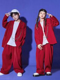 2023 Burgundy Suit For Kids Hip Hop Dance Costume Jazz Performance Clothes Girls Kpop Outfit Boys Street Dance Stage Wear BL9926