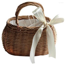 Bag Ribbons Bow Tie Top-Handle Wicker Bags String Rural Natural Casual Handmade Woven Rattan Round