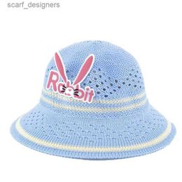 Wide Brim Hats Bucket Hats Childrens Imitation Raffia Cartoon Rabbit Letter Breathable Cap Summer Travel Sunscreen Foldable Straw Knit Sun Hat R62 Y240409