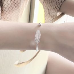 New Trend Feather Leaf Metal Bead Smooth Cuff Bangle Bracelets For Women Silver Colour Jewellery Wholesale Noeud Armband Pulseiras