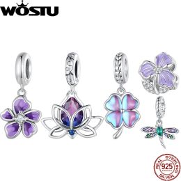 WOSTU 925 Sterling Silver Purple Lotus Flower Charm Gradient Clover Dragonfly Pendant Fit Original Bracelet Bangle Accessories