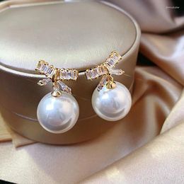 Dangle Earrings Korea Elegant Shiny Zircon Bow Big Pearl Ball Drop For Women Girls Party Fashion Temperament Pendientes Gifts