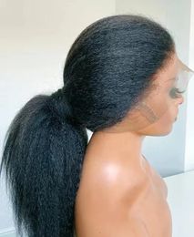 Kinky Straight Wig 180% Density Black Yaki Synthetic Lace Front Wig For Women Yaki Straight Hair Heat Resistant Fiber Kinky Afro 240402