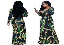 SXXXL Ladies Red Green stripe Golden Chains Printed Maxi Dress Woman Autumn Casual O Neck Long Sleeve Belted Dresses Party Dress3493628