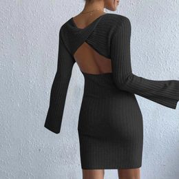Casual Dresses Fashion Sexy Backless Solid Color Cutout Waist Sweater Dress Bell Sleeves Temperament Tight Womens Bag Hip Midi