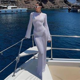 Casual Dresses White See Through Long Dress Backless Sleeve Bikini Cover Up Beach Sexy Transparent Summer Holiday